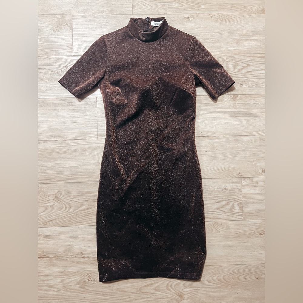 Metallic Mock Neck Mini Dress by NOMIA